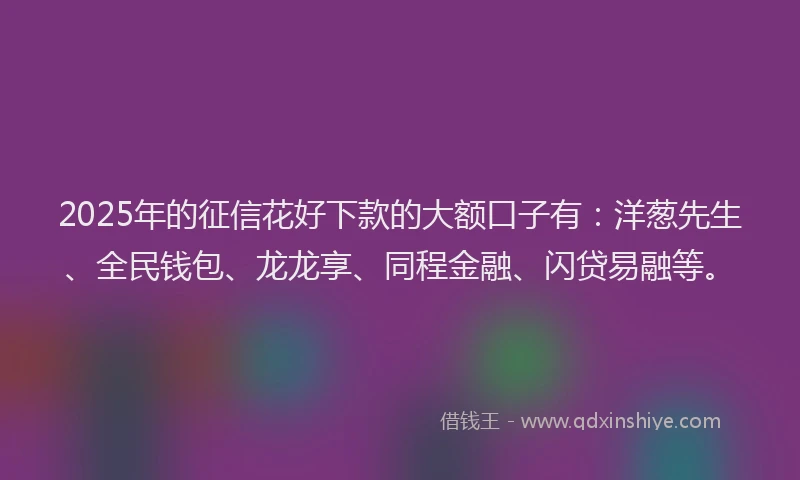 2025年的征信花好下款的大额口子有：洋葱先生、全民钱包、龙龙享、同程金融、闪贷易融等。
