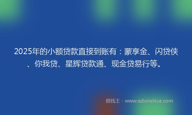 2025年的小额贷款直接到账有：蒙享金、闪贷侠、你我贷、星辉贷款通、现金贷易行等。