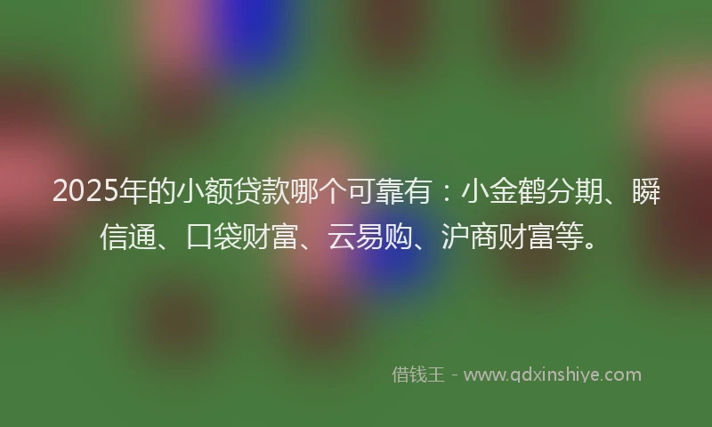 2025年的小额贷款哪个可靠有：小金鹤分期、瞬信通、口袋财富、云易购、沪商财富等。