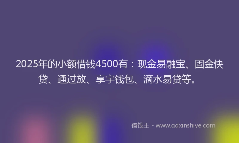 2025年的小额借钱4500有：现金易融宝、固金快贷、通过放、享宇钱包、滴水易贷等。