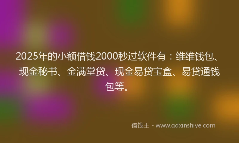 2025年的小额借钱2000秒过软件有：维维钱包、现金秘书、金满堂贷、现金易贷宝盒、易贷通钱包等。