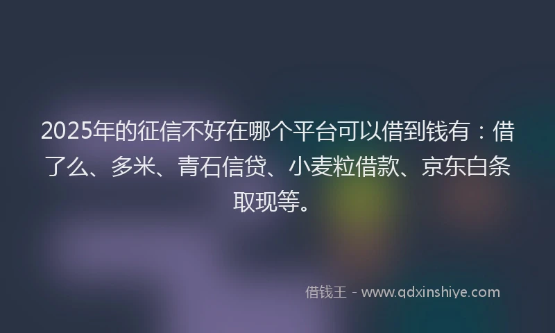 2025年的征信不好在哪个平台可以借到钱有：借了么、多米、青石信贷、小麦粒借款、京东白条取现等。