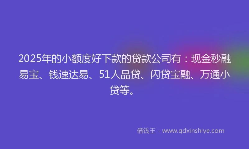 2025年的小额度好下款的贷款公司有：现金秒融易宝、钱速达易、51人品贷、闪贷宝融、万通小贷等。