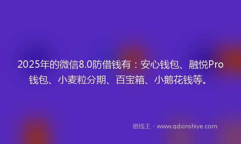 2025年的微信8.0防借钱有：安心钱包、融悦Pro钱包、小麦粒分期、百宝箱、小鹅花钱等。