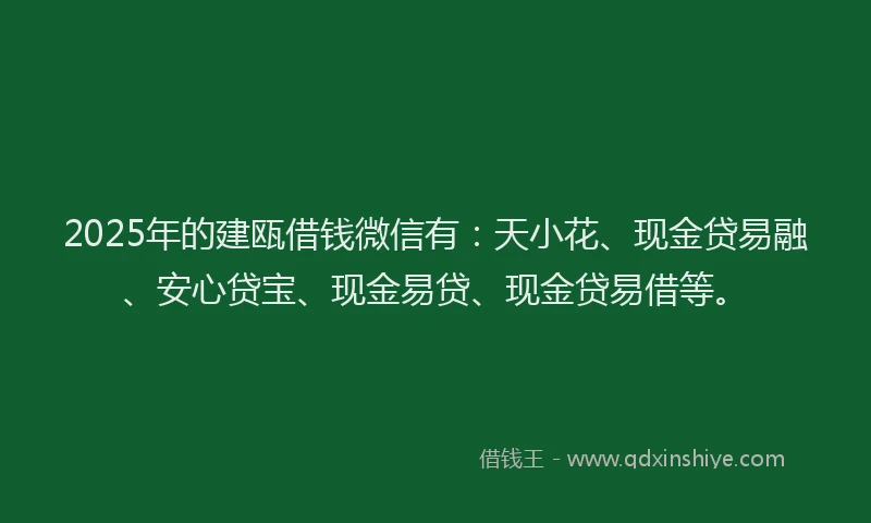 2025年的建瓯借钱微信有：天小花、现金贷易融、安心贷宝、现金易贷、现金贷易借等。