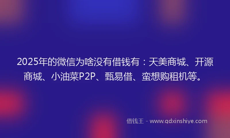 2025年的微信为啥没有借钱有：天美商城、开源商城、小油菜P2P、甄易借、蛮想购租机等。