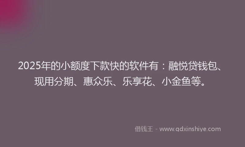 2025年的小额度下款快的软件有：融悦贷钱包、现用分期、惠众乐、乐享花、小金鱼等。