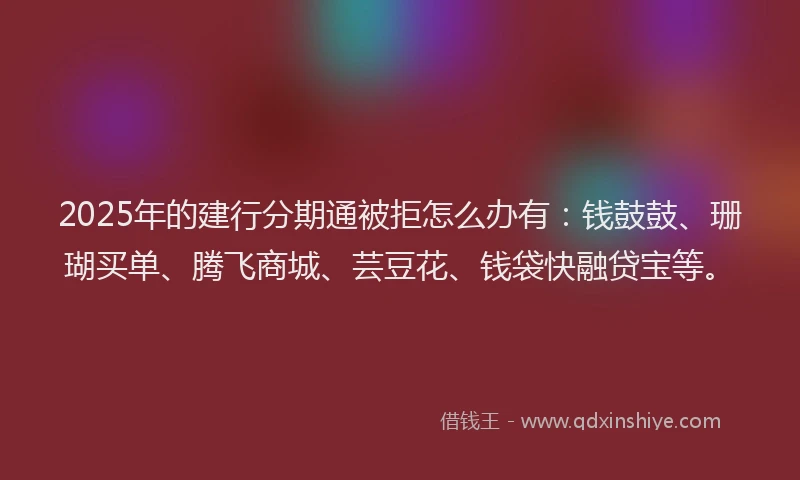 2025年的建行分期通被拒怎么办有：钱鼓鼓、珊瑚买单、腾飞商城、芸豆花、钱袋快融贷宝等。