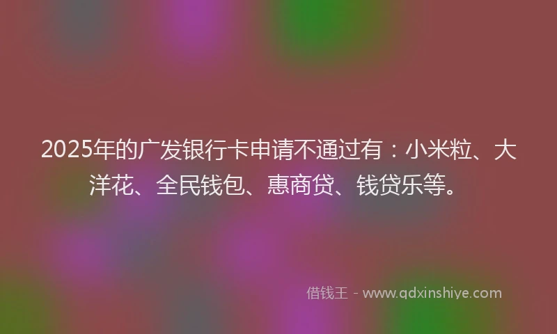 2025年的广发银行卡申请不通过有：小米粒、大洋花、全民钱包、惠商贷、钱贷乐等。