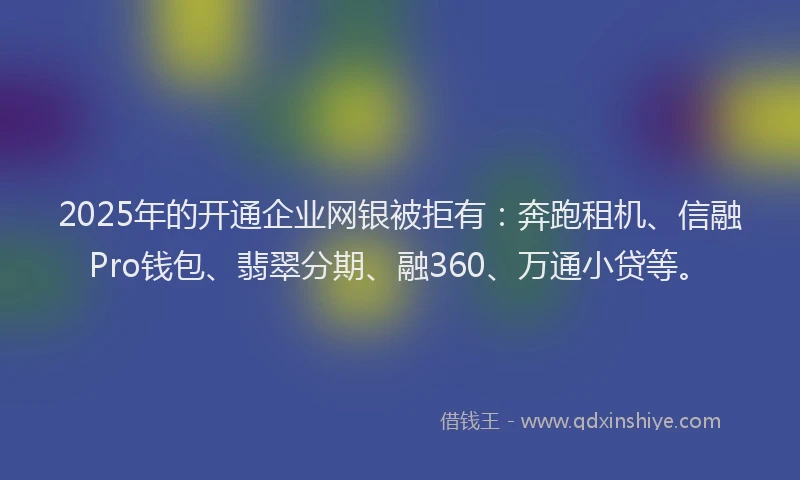 2025年的开通企业网银被拒有：奔跑租机、信融Pro钱包、翡翠分期、融360、万通小贷等。