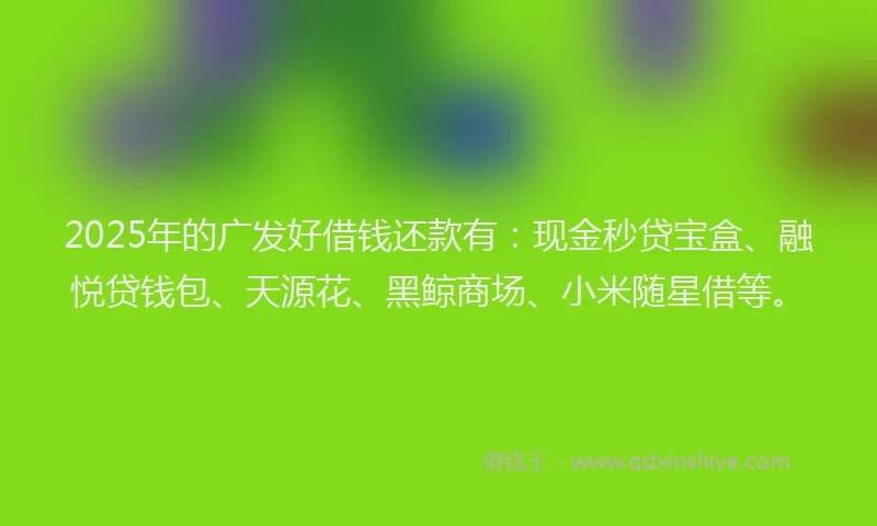 2025年的广发好借钱还款有：现金秒贷宝盒、融悦贷钱包、天源花、黑鲸商场、小米随星借等。