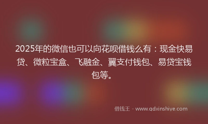2025年的微信也可以向花呗借钱么有：现金快易贷、微粒宝盒、飞融金、翼支付钱包、易贷宝钱包等。