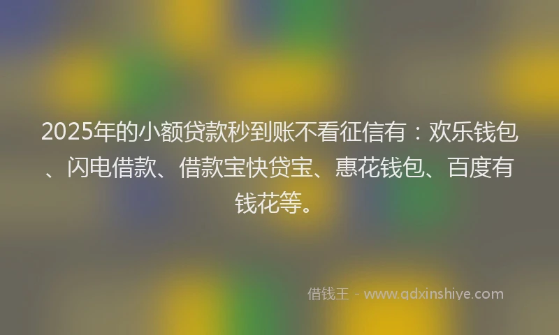 2025年的小额贷款秒到账不看征信有：欢乐钱包、闪电借款、借款宝快贷宝、惠花钱包、百度有钱花等。