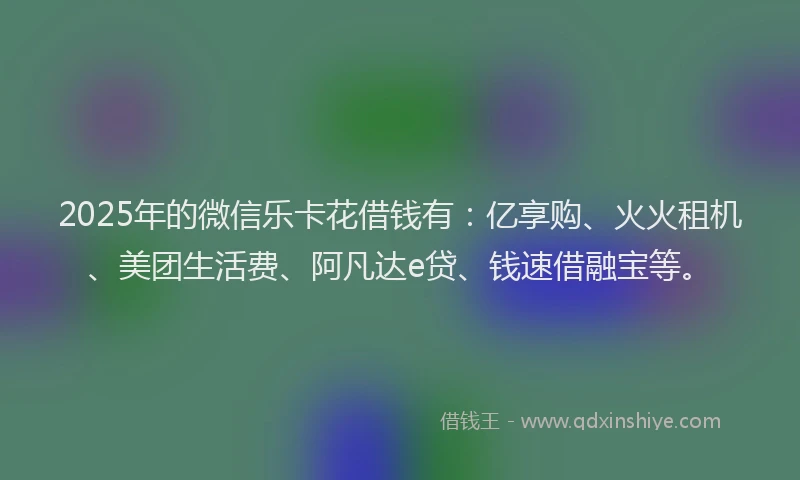 2025年的微信乐卡花借钱有：亿享购、火火租机、美团生活费、阿凡达e贷、钱速借融宝等。