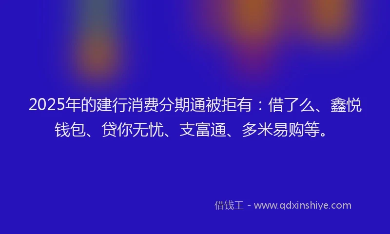 2025年的建行消费分期通被拒有：借了么、鑫悦钱包、贷你无忧、支富通、多米易购等。