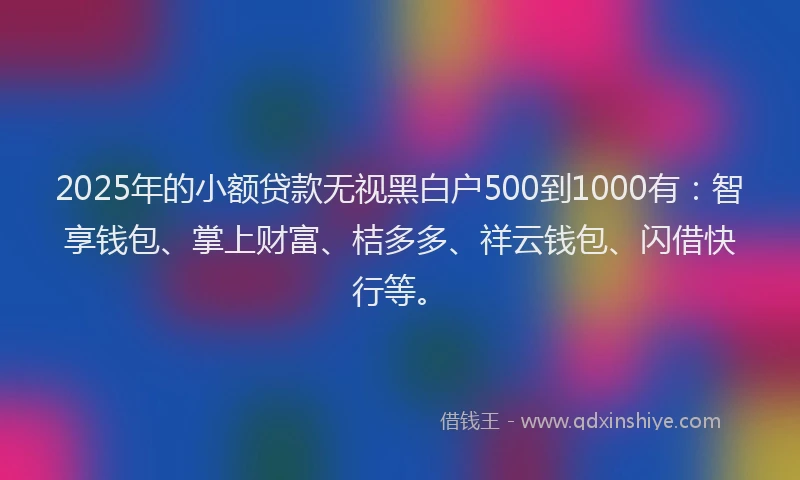 2025年的小额贷款无视黑白户500到1000有：智享钱包、掌上财富、桔多多、祥云钱包、闪借快行等。