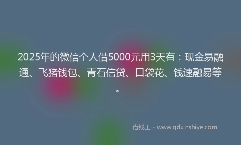 2025年的微信个人借5000元用3天有：现金易融通、飞猪钱包、青石信贷、口袋花、钱速融易等。