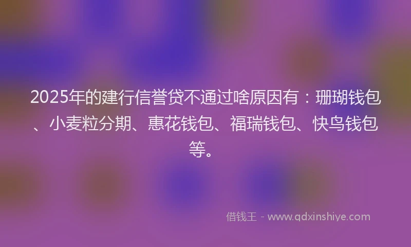 2025年的建行信誉贷不通过啥原因有：珊瑚钱包、小麦粒分期、惠花钱包、福瑞钱包、快鸟钱包等。