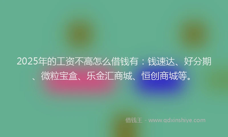 2025年的工资不高怎么借钱有：钱速达、好分期、微粒宝盒、乐金汇商城、恒创商城等。