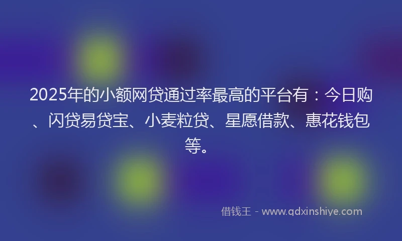 2025年的小额网贷通过率最高的平台有：今日购、闪贷易贷宝、小麦粒贷、星愿借款、惠花钱包等。