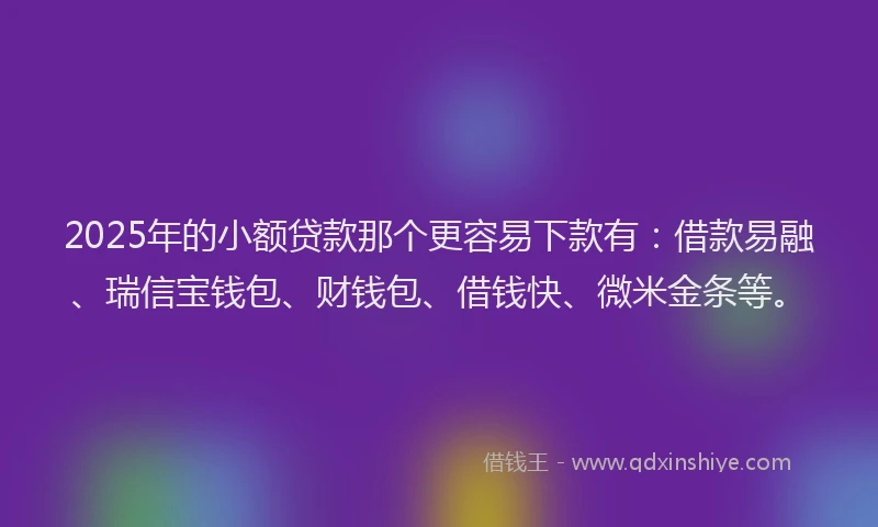 2025年的小额贷款那个更容易下款有：借款易融、瑞信宝钱包、财钱包、借钱快、微米金条等。