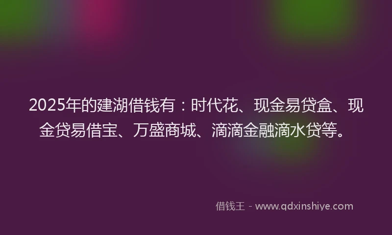 2025年的建湖借钱有：时代花、现金易贷盒、现金贷易借宝、万盛商城、滴滴金融滴水贷等。