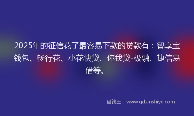 2025年的征信花了最容易下款的贷款有：智享宝钱包、畅行花、小花快贷、你我贷-极融、捷信易借等。