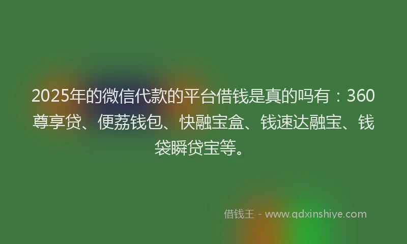 2025年的微信代款的平台借钱是真的吗有：360尊享贷、便荔钱包、快融宝盒、钱速达融宝、钱袋瞬贷宝等。