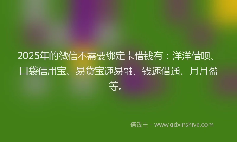 2025年的微信不需要绑定卡借钱有：洋洋借呗、口袋信用宝、易贷宝速易融、钱速借通、月月盈等。