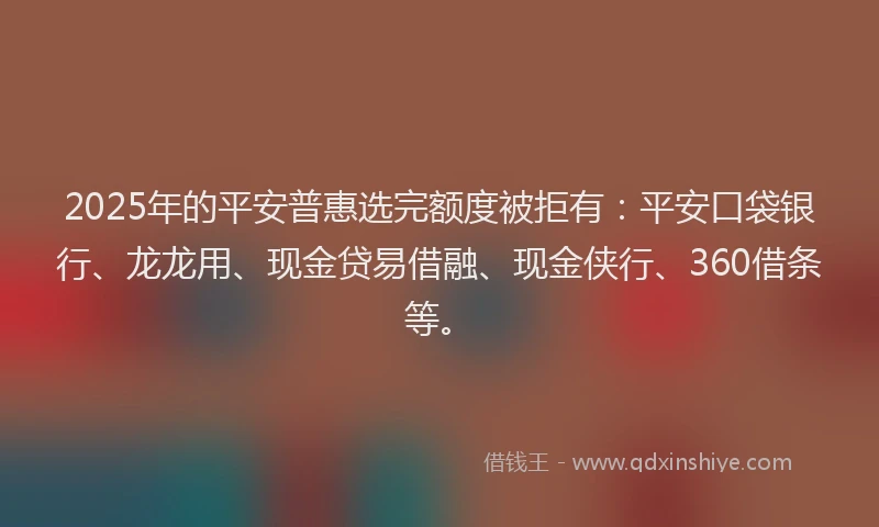 2025年的平安普惠选完额度被拒有：平安口袋银行、龙龙用、现金贷易借融、现金侠行、360借条等。