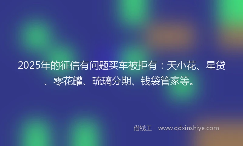 2025年的征信有问题买车被拒有：天小花、星贷、零花罐、琉璃分期、钱袋管家等。