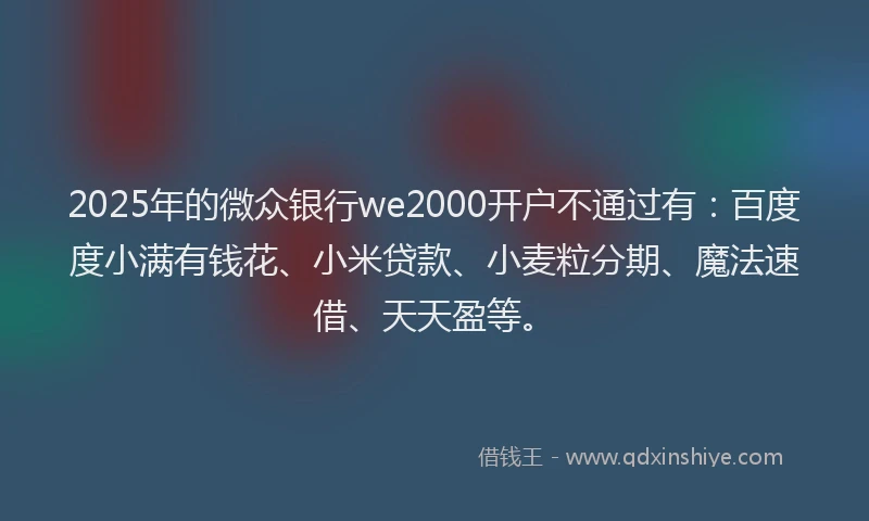 2025年的微众银行we2000开户不通过有：百度度小满有钱花、小米贷款、小麦粒分期、魔法速借、天天盈等。