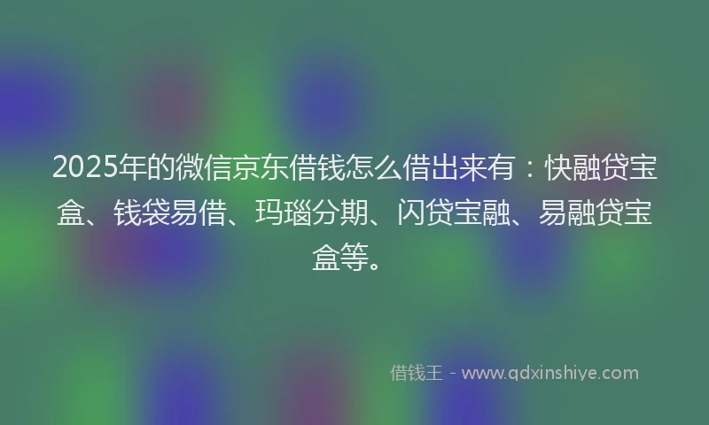 2025年的微信京东借钱怎么借出来有：快融贷宝盒、钱袋易借、玛瑙分期、闪贷宝融、易融贷宝盒等。