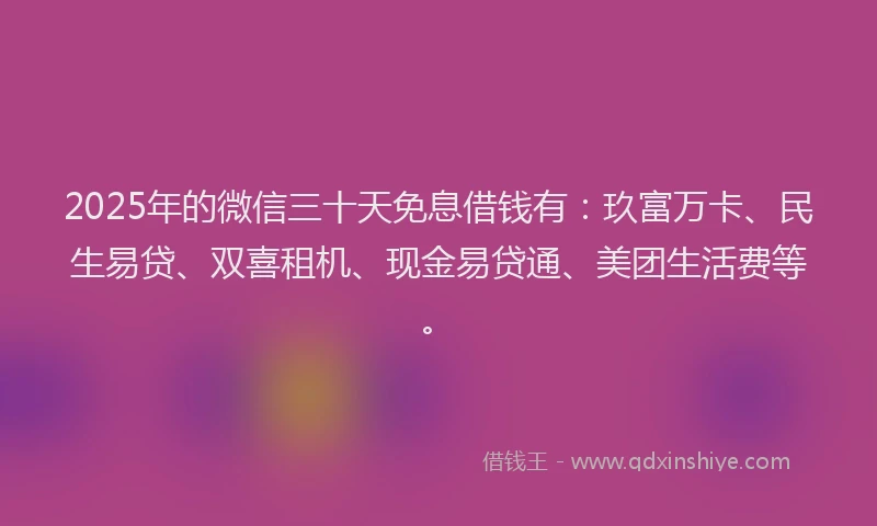 2025年的微信三十天免息借钱有：玖富万卡、民生易贷、双喜租机、现金易贷通、美团生活费等。