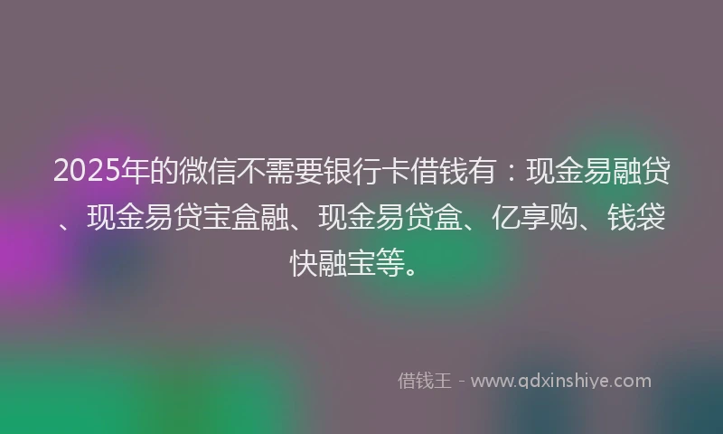 2025年的微信不需要银行卡借钱有：现金易融贷、现金易贷宝盒融、现金易贷盒、亿享购、钱袋快融宝等。