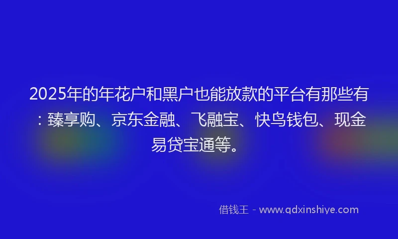 2025年的年花户和黑户也能放款的平台有那些有：臻享购、京东金融、飞融宝、快鸟钱包、现金易贷宝通等。