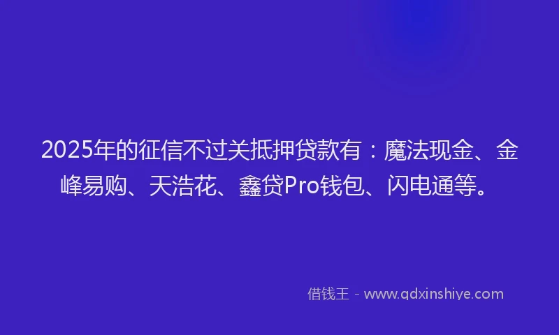 2025年的征信不过关抵押贷款有：魔法现金、金峰易购、天浩花、鑫贷Pro钱包、闪电通等。