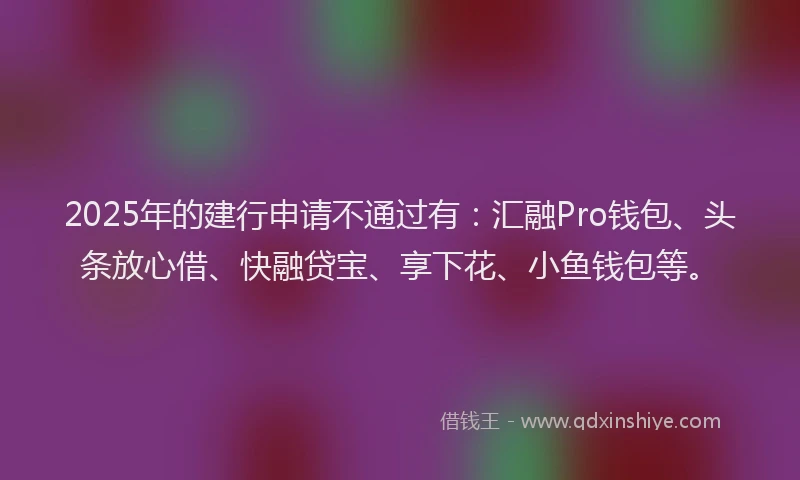 2025年的建行申请不通过有：汇融Pro钱包、头条放心借、快融贷宝、享下花、小鱼钱包等。