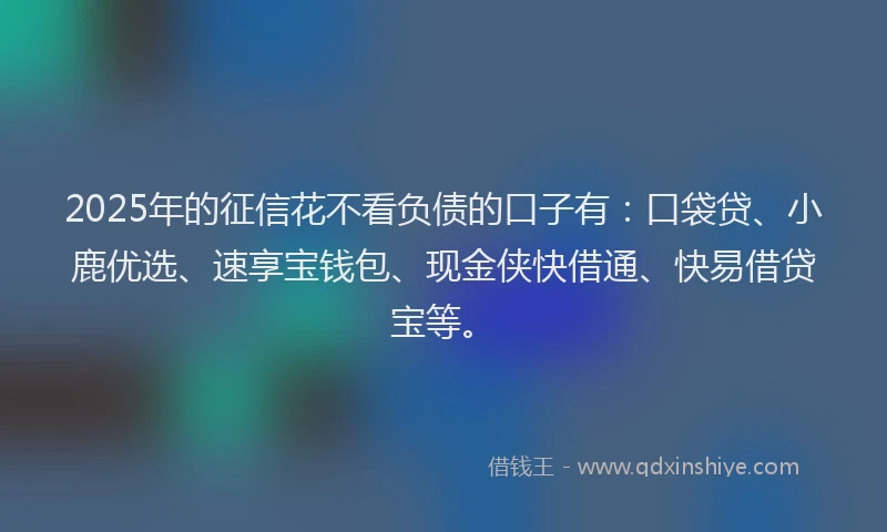 2025年的征信花不看负债的口子有：口袋贷、小鹿优选、速享宝钱包、现金侠快借通、快易借贷宝等。