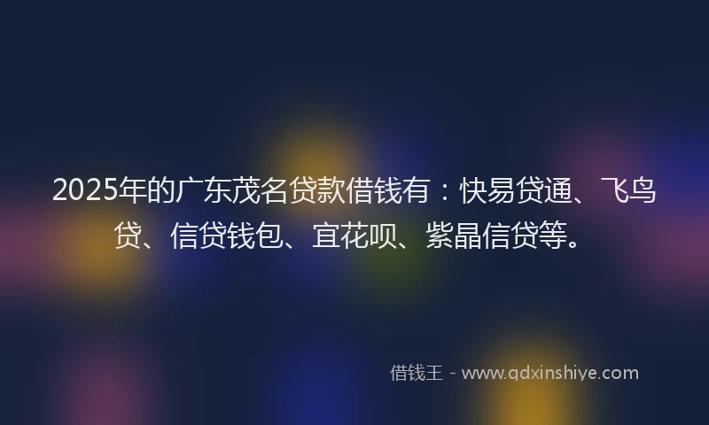 2025年的广东茂名贷款借钱有：快易贷通、飞鸟贷、信贷钱包、宜花呗、紫晶信贷等。