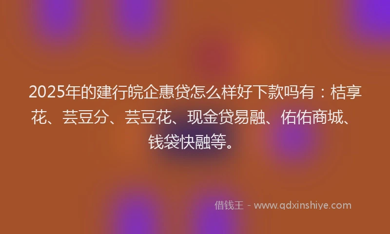 2025年的建行皖企惠贷怎么样好下款吗有：桔享花、芸豆分、芸豆花、现金贷易融、佑佑商城、钱袋快融等。
