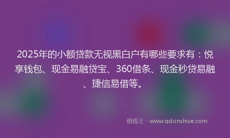 2025年的小额贷款无视黑白户有哪些要求有：悦享钱包、现金易融贷宝、360借条、现金秒贷易融、捷信易借等。