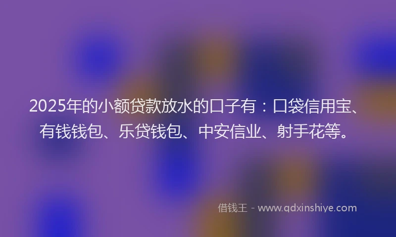 2025年的小额贷款放水的口子有：口袋信用宝、有钱钱包、乐贷钱包、中安信业、射手花等。