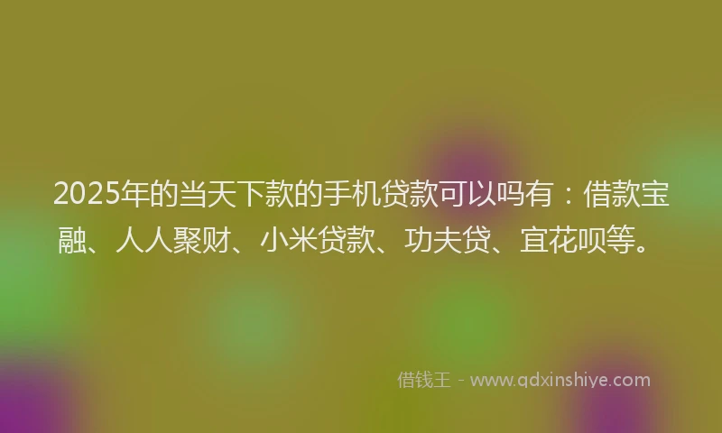 2025年的当天下款的手机贷款可以吗有：借款宝融、人人聚财、小米贷款、功夫贷、宜花呗等。