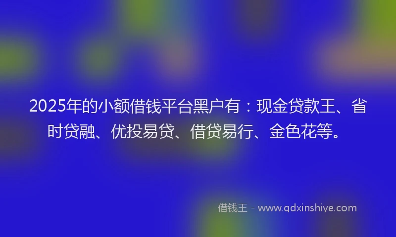 2025年的小额借钱平台黑户有：现金贷款王、省时贷融、优投易贷、借贷易行、金色花等。