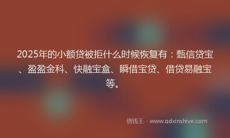 2025年的小额贷被拒什么时候恢复有：甄信贷宝、盈盈金科、快融宝盒、瞬借宝贷、借贷易融宝等。