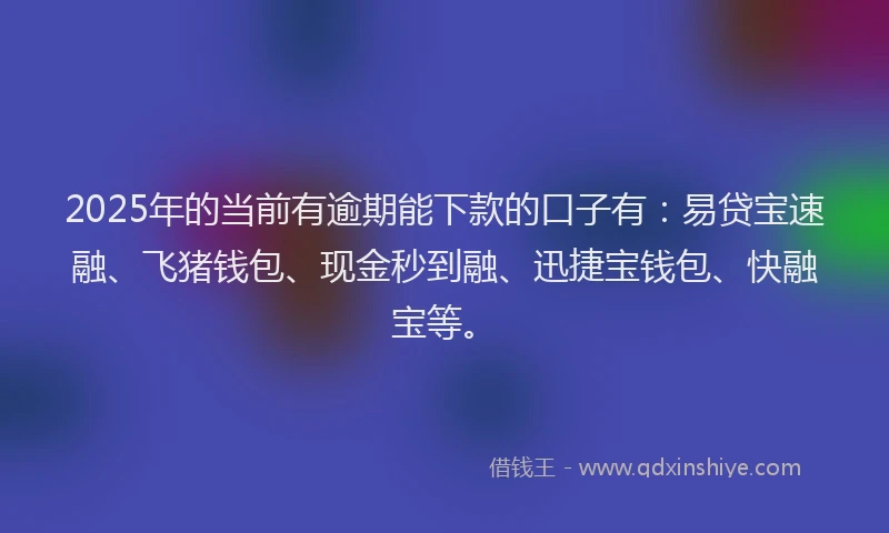 2025年的当前有逾期能下款的口子有：易贷宝速融、飞猪钱包、现金秒到融、迅捷宝钱包、快融宝等。