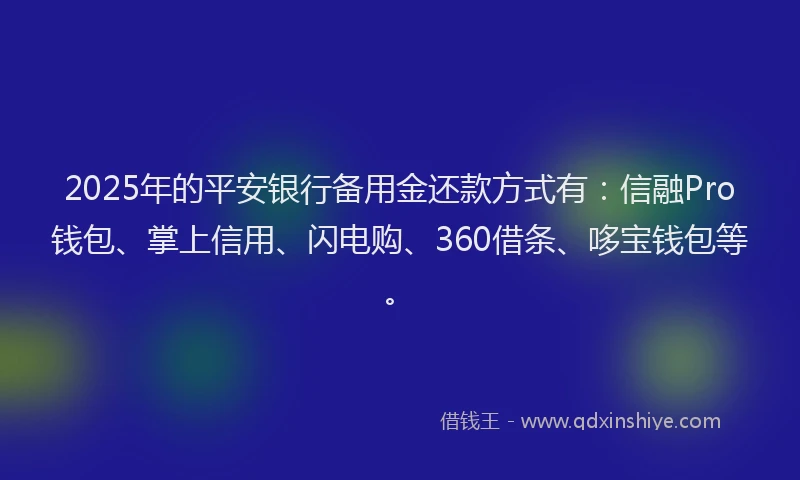2025年的平安银行备用金还款方式有：信融Pro钱包、掌上信用、闪电购、360借条、哆宝钱包等。