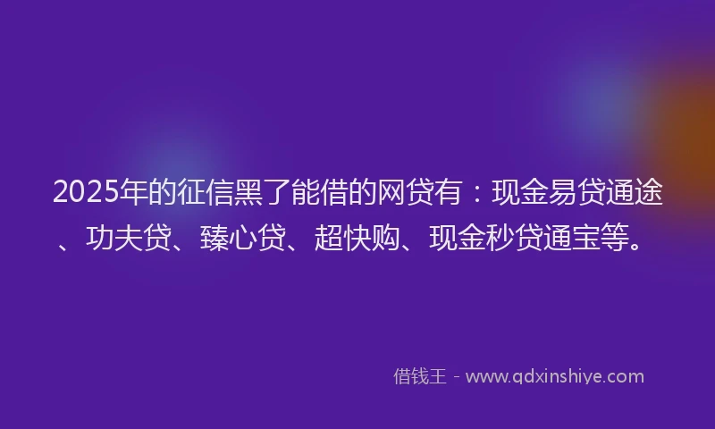 2025年的征信黑了能借的网贷有：现金易贷通途、功夫贷、臻心贷、超快购、现金秒贷通宝等。