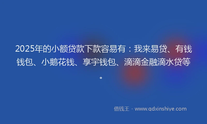 2025年的小额贷款下款容易有：我来易贷、有钱钱包、小鹅花钱、享宇钱包、滴滴金融滴水贷等。